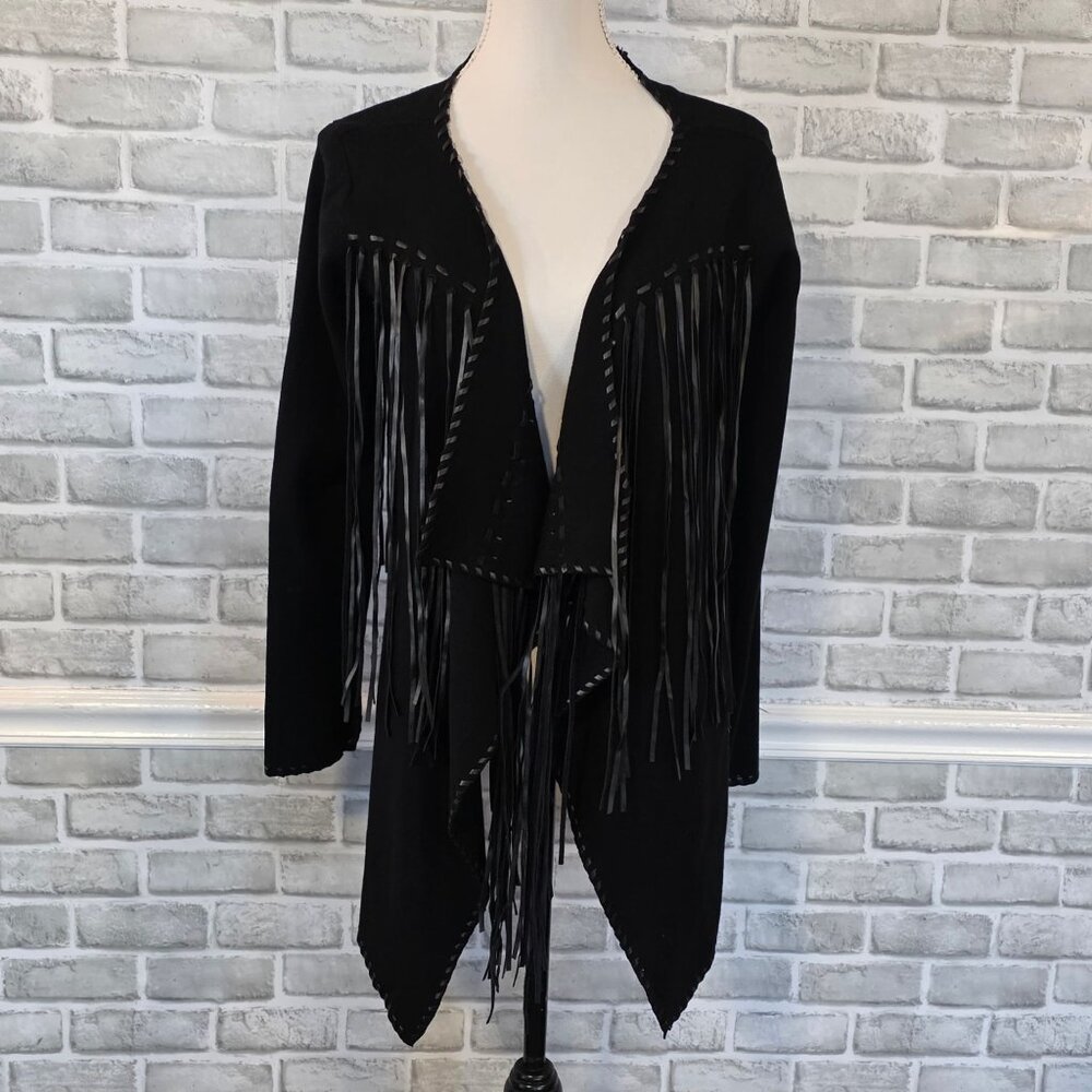 Ariat Trenton Faux Leather Fringe Open Front Waterfall Cardigan Black NEW M - Picture 5 of 8